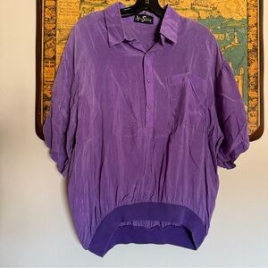 VINTAGE ALAN STUART 80s XL Preppy Purple Rayon Silky Polo Shirt Elastic Waist